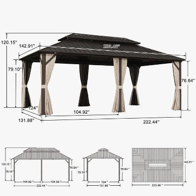 Bronze 12' x 20' Outdoor Hardtop Gazebo with Curtains and Netting