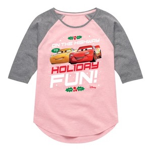 Girls' - Disney - On The Highway To Holiday Fun Shirt Tail Raglan Graphic T-shirt - 1 of 4
