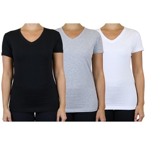 Blu Rock Women's Loose Fit  Short Sleeve V-Neck Cotton Stretch Tees-3 Pack - 1 of 2