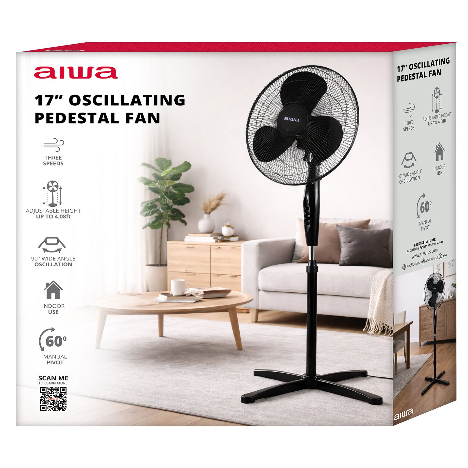 Aiwa 17" Oscillating Pedestal Fan with Adjustable Height and 3-Speed Control
