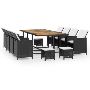 vidaXL 13-Piece Black Poly Rattan Patio Dining Set with Acacia Wood Table and Cushions, Elegant Design, Easy Maintenance, Comfort and Durability - 1 of 4