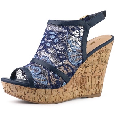 Allegra K Women's Open Toe Platform Heel Lace Wedges Sandals Deep Blue ...