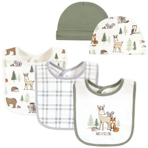 Hudson Baby Infant Boy Cotton Bib and Caps Set, Forest Animals, One Size - 1 of 4