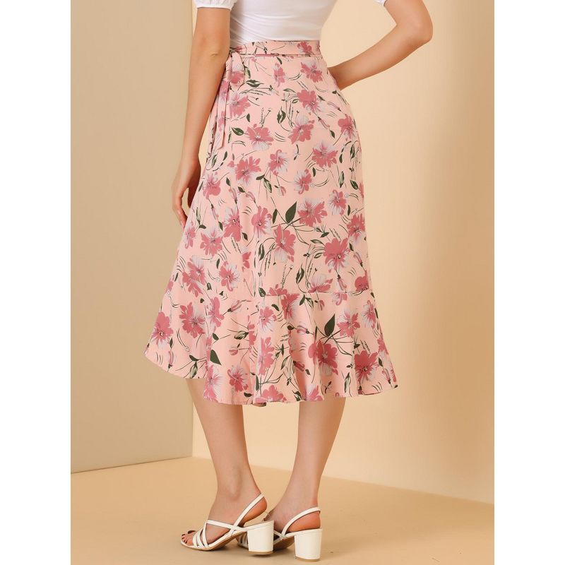 Allegra K Women's Floral Asymmetrical Ruffle Tie Waist Midi Wrap Skirts, 5 of 6
