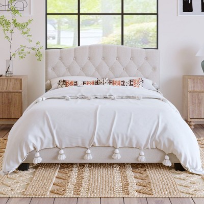 Platform Bed Frame,Beige Upholstered Linen Fabric Platform Wooden Bed Frame With Saddle Curved Headboard And Diamond Tufted Details-Cuddlewood