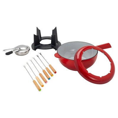 Red Enameled Cast Iron 8-Inch Fondue Pot Set with 6 Forks