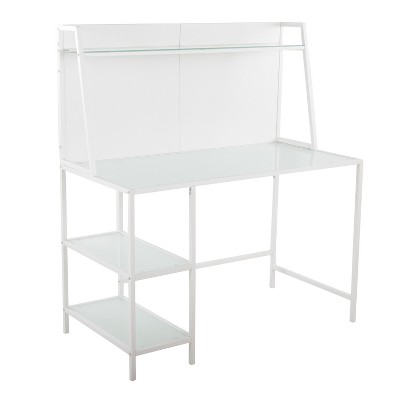 Vynxaria Contemporary Desk - White Metal Frame, Frosted Glass Top, Extra Storage Shelves, Versatile Design
