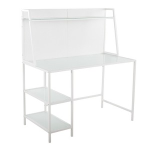 Vynxaria Contemporary Desk - White Metal Frame, Frosted Glass Top, Extra Storage Shelves, Versatile Design - 1 of 4