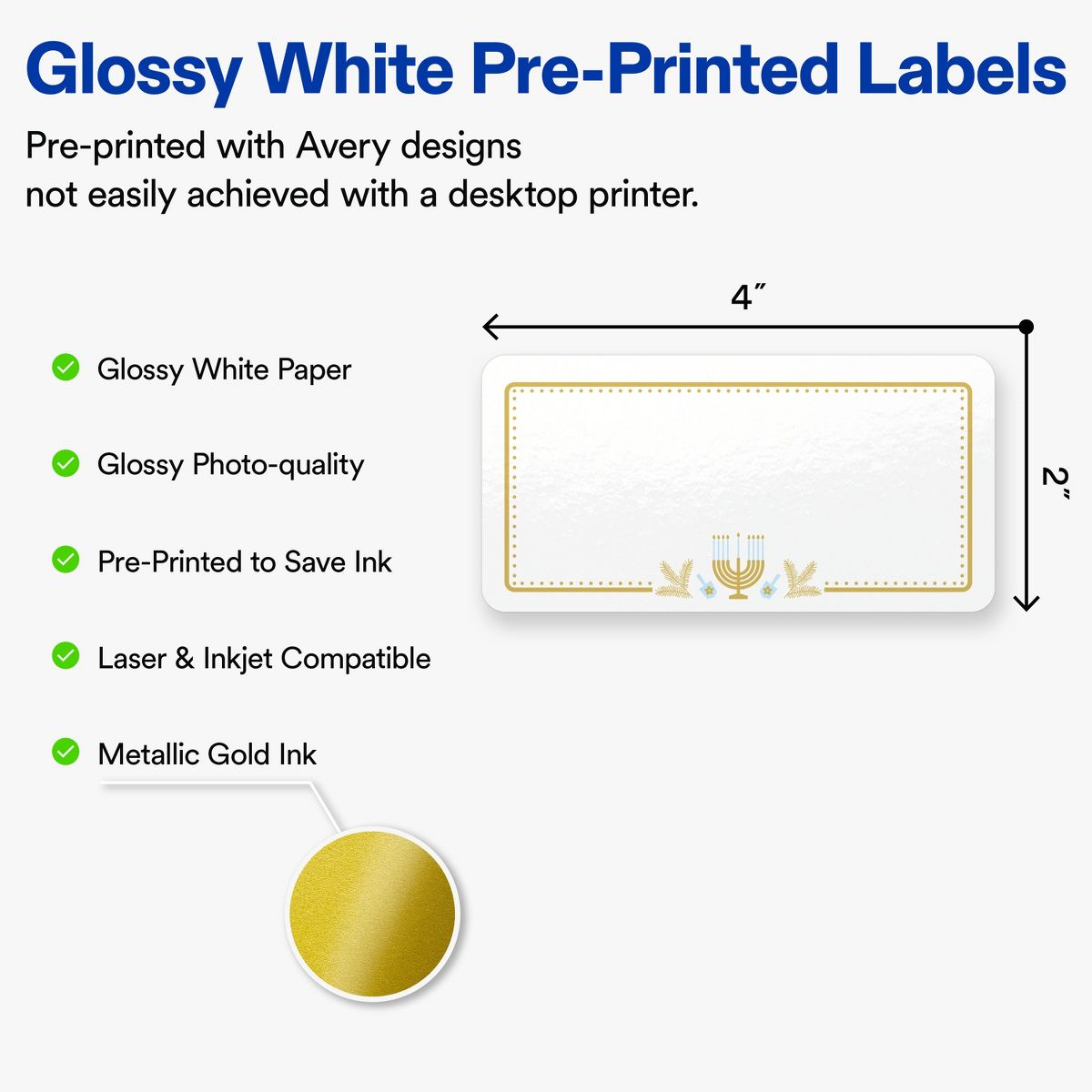 Avery® Labels, 2" x 4", Glossy, Gold Menorah Frame, 200 - thumbnail 2