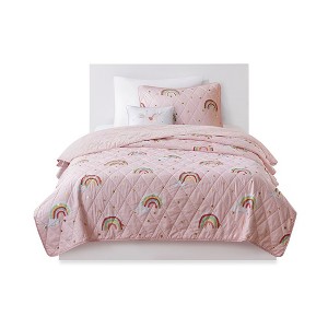 Gracie Mills Thyme Rainbow and Metallic Stars Reversible Quilt Set with Unicorn Throw Pillow - Full/Queen - Pink - 1 of 4