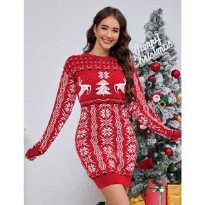 Coolmee Women Crew Neck Long Sleeve Christmas Knit Woolen Slim Wrap Mini Dress - 1 of 4