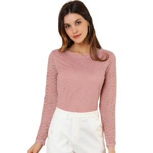 Allegra K Women's Slim Fit Sheer-Long-Sleeves Flower Embroidery Lace Top - 1 of 4