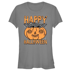 Juniors Womens Star Wars The Mandalorian Halloween Grogu Pumpkin Peek T-Shirt - 1 of 4