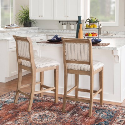 Emmy Rustic Wash 26" Gray Striped Upholstered Counter Stool with Nailhead Trim