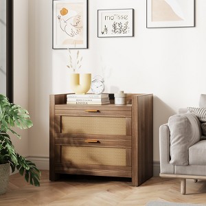 2-Piece Night Stand with Charging Station – Farmhouse Wooden Bedside Table, 2 Rattan Storage Drawers for Bedroom - 1 of 4