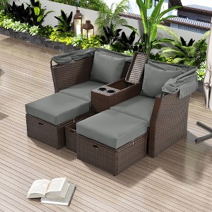 Outdoor Daybed, Double Daybed With Retractable Sunshade Canopy, Built-in Cup Holders And Storage Boxes, 2 Pillows, 2-Seater Sofa For Garden - 1 of 4