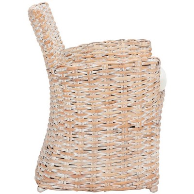 Modern Coastal Whitewash Rattan Armchair with White Cushion