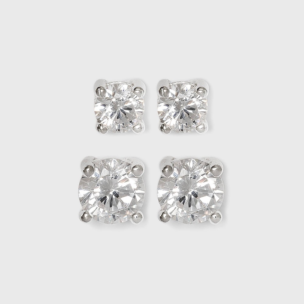 Photos - Earrings Sterling Silver Duo Round Cubic Zirconia Stud Earring Set 2pc - A New Day™