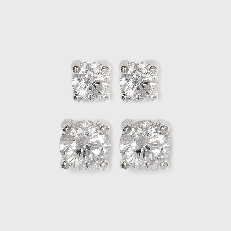 Sterling Silver Duo Round Cubic Zirconia Stud Earring Set 2pc - A New Day&#8482; Clear, 1 of 3