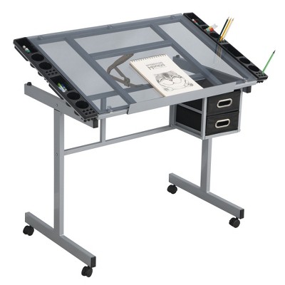 SKRAN Adjustable Glass Drafting Table , Tiltable Writing Desk With 2 Fabric Drawers And 4 Wheels for Home Office and School