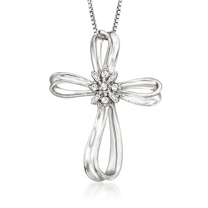 Ross-Simons 0.10 ct. t.w. Diamond Ribboned Cross Pendant Necklace in Sterling Silver - 1 of 4