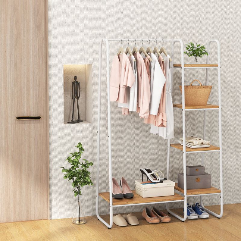 Tangkula Clothes Rack with Shelves, Free-Standing Metal Garment Clothing Rack with Hanging Rod 5 Wooden Shelves Adjustable Foot Pads Natural+White/ Rustic Brown+Black, 2 of 10