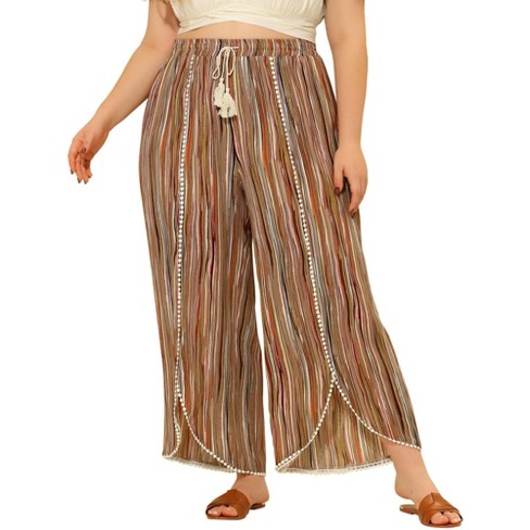 Agnes Orinda Women's Plus Size Split Elastic Waist Flowy Striped Casual  Wide Leg Fashion Pants Brown 3X