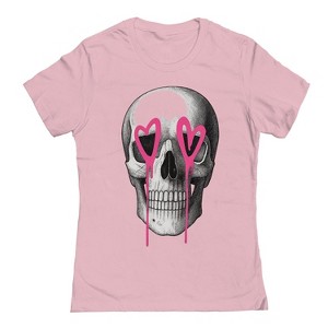 Rerun Island Women Skull Pink Heart Eyes Short Sleeve Graphic Cotton T-Shirt - 1 of 4