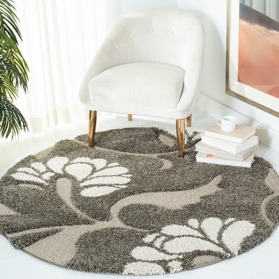 Sculpted Smoke and Beige Floral Shag Round Rug, Hand-Knotted