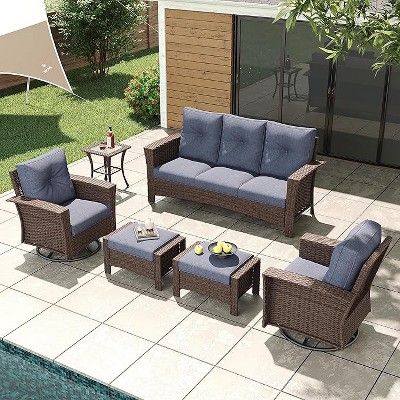 LayinSun Wicker Patio Furniture Set with Fire Pit Table, Classis Outdoor Conversation 360 Degree Swivel Chairs Set with Coffee Table