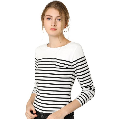 Allegra K Women's Color Block Long Sleeves Striped Basic T-shirt  Black-white Small : Target