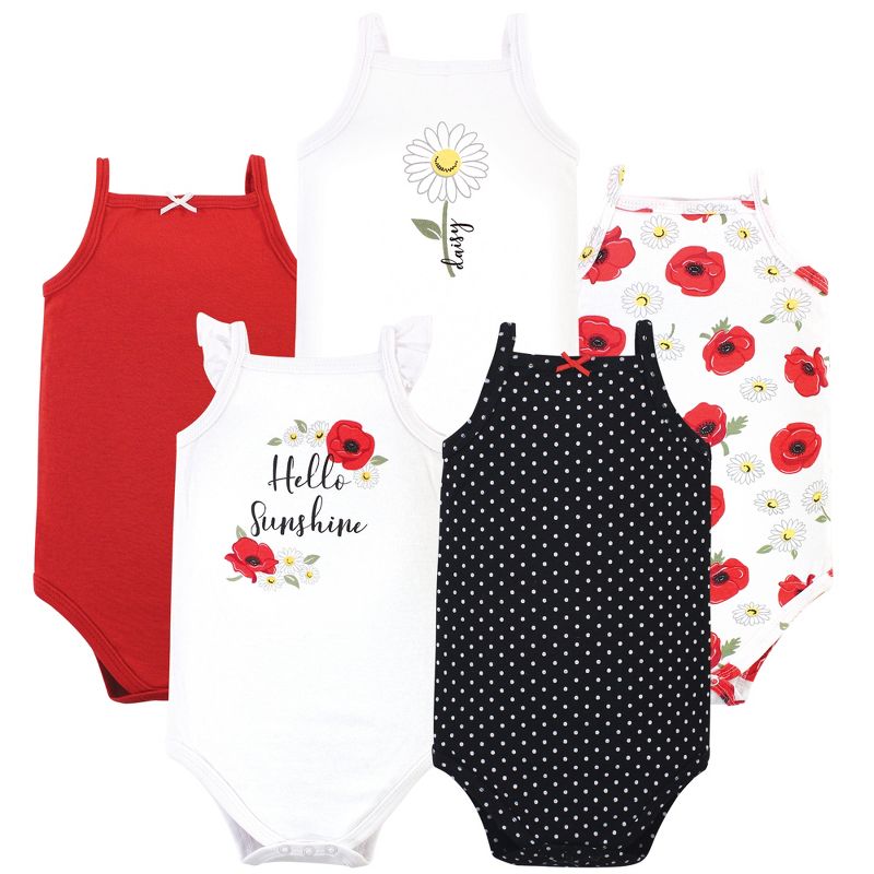 Hudson Baby Infant Girl Cotton Sleeveless Bodysuits 5pk, Poppy Daisy, 1 of 8