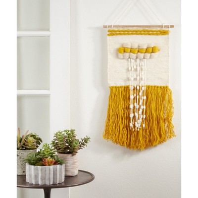 Yellow and White Braided Woven Wall Hanging with Fringe