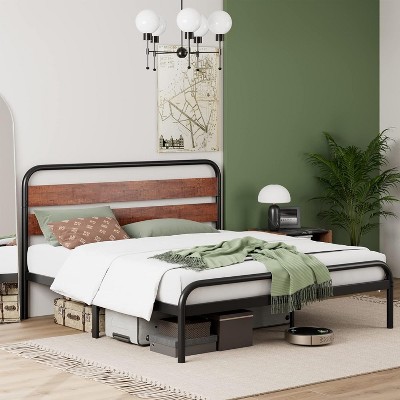 King Size Platform Bed Frame with Wood Headboard, Heavy Duty Metal Slat Support, Noise Free Design Mattress Foundation, Easy Installation, Brown