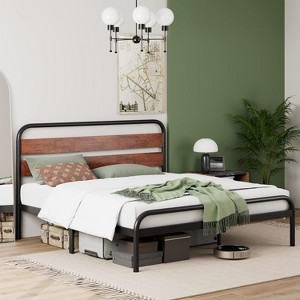 King Size Platform Bed Frame with Wood Headboard, Heavy Duty Metal Slat Support, Noise Free Design Mattress Foundation, Easy Installation, Brown - 1 of 4
