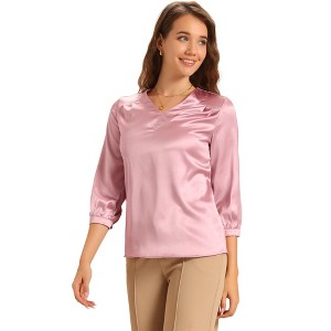 INSPIRE CHIC Women's V Neck 3/4 Sleeve Casual Office Work Satin Blouses - 1 of 4