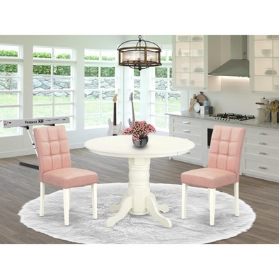 East West Furniture  3Pc Dining Table Set Includes a Wood Dining Table and 2 Kitchen Chairs with Solid Wood Seat Drop Leaf Table with Slat Back Chairs