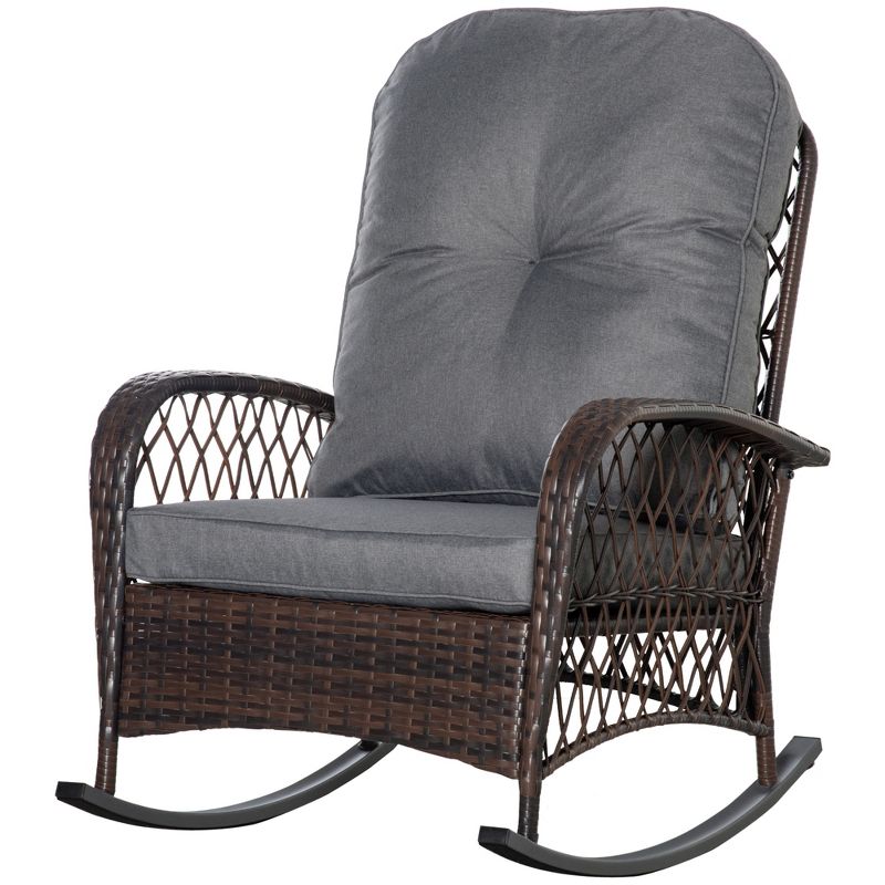 Outsunny Outdoor Wicker Rocking Chair, Patio PE Rattan Recliner Rocker Chair with Soft Cushion, for Garden Backyard Porch, 4 of 7