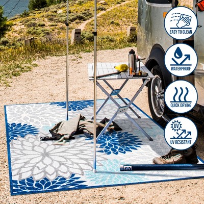 Blue/Gray Floral Synthetic 3' x 5' Easy-Care Indoor/Outdoor Rug