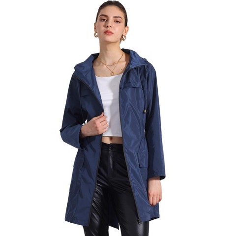 Женские куртки INSPIRE CHIC Women's Lightweight Hooded Raincoat Windbreaker Trench Coat Dark Blue Small