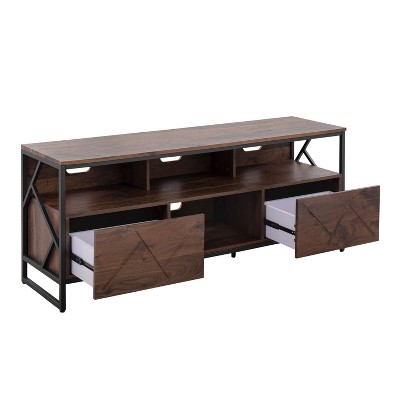 Modern Walnut Wood & Black Steel TV Stand with Cabinet
