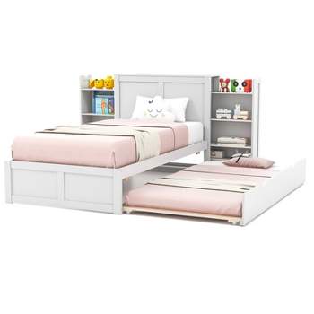 Tangkula Full/Twin Wooden Platform Bed with Trundle Storage Headboard Pull Out Shelves White