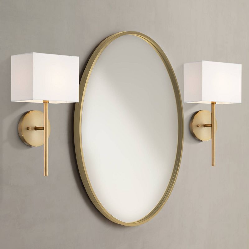 Possini Euro Design Modern Wall Light Sconces Set of 2 Warm Brass Hardwired 8" Fixture Linen Shade for Bedroom Living Room, 2 of 9