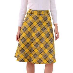 INSPIRE CHIC Women's Tartan Plaid High Waist Belted Vintage A-Line Midi Skirt - 1 of 4