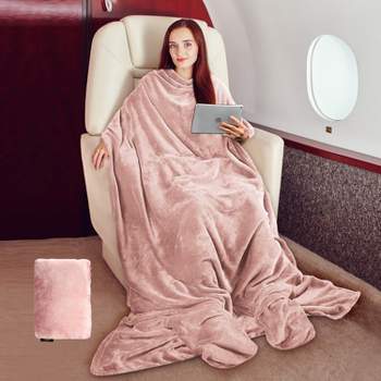 Tirrinia Travel Portable Blanket with Feet Airplane Office Pullover 4 in 1 Zippered Front Pocket Premium Cozy Fleece Blankets with Built-in Bag