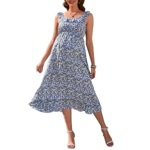 Women Maternity Smocked Summer Spring Casual Boho Dress Spaghetti Strap Sleeveless Nursing Maxi Dress Baby Shower - 1 of 4