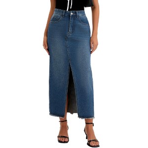 INSPIRE CHIC Women's Denim High Waist Split Front Raw Hem Washed with Pockets Maxi Skirt - 1 of 4