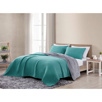 3pc Full/queen Terri Enzyme Wash Reverse To Plush Quilt & Sham Set Teal ...