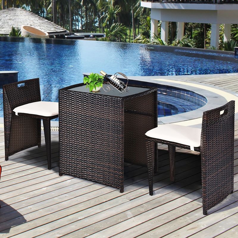 Costway 3PCS Outdoor Patio Rattan Furniture Set Space Saving Garden Deck W/Cushion No Assembly, 4 of 11