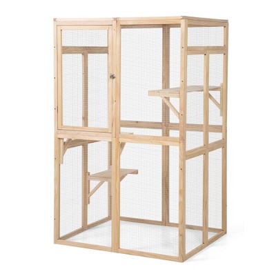 Catio Outdoor Cat Enclosure, Wooden Cat House Large Cat Cage With 1 Fabric Hammock 1 Sunshine Board And 3 Jumping Platforms For Multiple Cats Pets